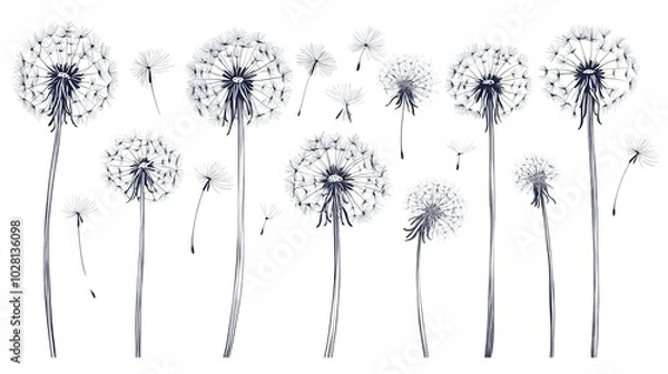 Obraz Dandelions with flying seeds, fluffy dandelion flower silhouettes in the spring season, featuring blooming blowball flowers and delicate seed dispersal, captured in a playful doodle style.