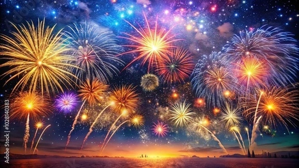 Fototapeta A vibrant display of fireworks explodes across the night sky, illuminating the distant horizon with a warm glow.