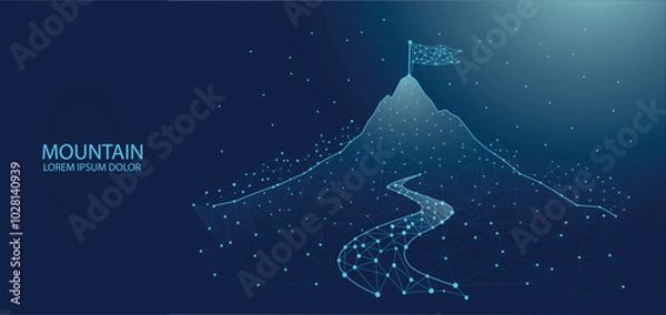 Fototapeta Digital illustration of a mountain with a flag at the summit, connected by glowing dots and lines. A winding path symbolizes progress in this futuristic, tech-inspired design.