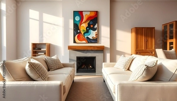 Fototapeta Beige sofa with plaid and fur cushion against of fireplace. Hygge, scandinavian interior design of modern living room.
