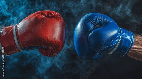 Fototapeta Boxing Day duel with red and blue gloves ready to engage in a spirited match