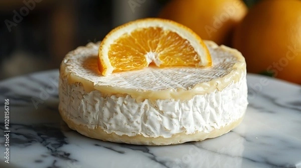 Fototapeta Cheese with washed orange rind French or German Marble table background Close up : Generative AI
