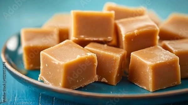 Fototapeta Fresh caramel fudge candies on a plate Blue background Copy space : Generative AI