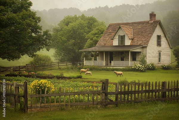 Fototapeta An American rustic farmhouse's outdoor area reflects a harmonious blend of rural charm and functionality, showcasing the agricultural roots of early American life. 
