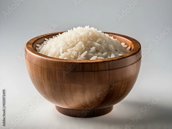 Obraz White rice in a wooden bowl isolated on white background.
