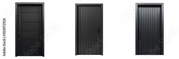 Obraz A minimalist modern black steel door with sleek vertical paneling, isolated on a transparent background