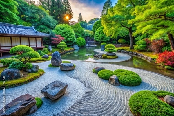 Fototapeta Serene Zen Garden with Tranquil Water Features and Lush Greenery – A Peaceful Escape into Nature's Harmony