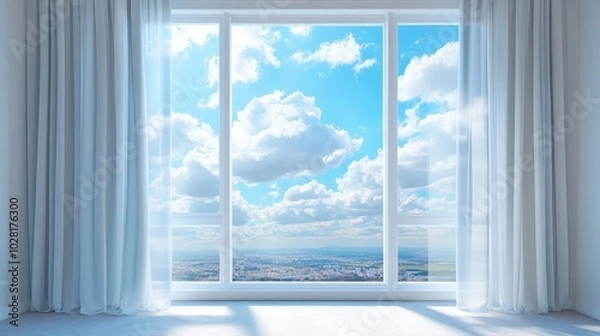 Fototapeta Large Window with Sheer Curtains and City View