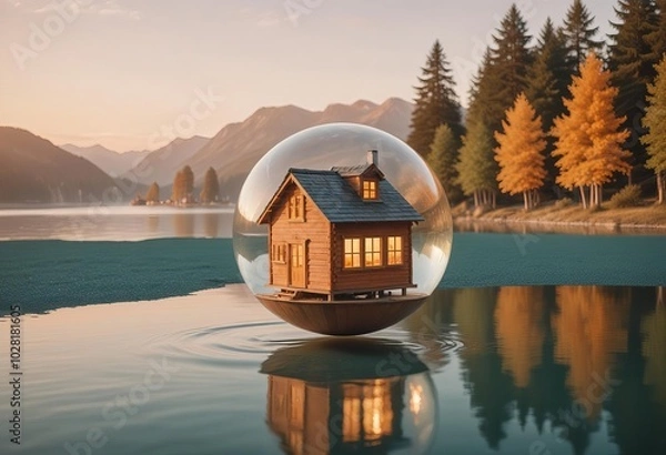 Obraz A house in a glass ball is floating in a lake