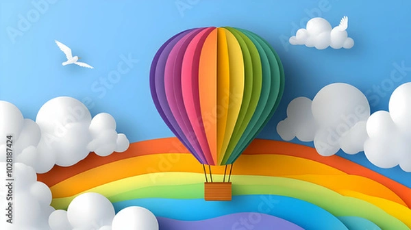 Fototapeta Rainbow Hot Air Balloon Flying Over Clouds.