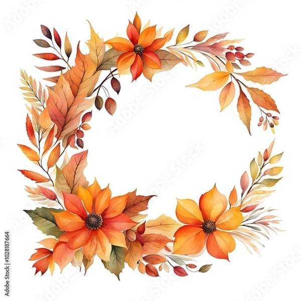 Obraz Hand drawn watercolor autumn floral wreath, border, frame on white background.