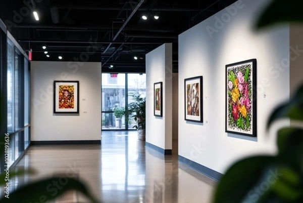 Fototapeta An art gallery hallway showcasing framed portraits and floral artwork. The gallery features white walls, modern lighting, and a contemporary aesthetic.