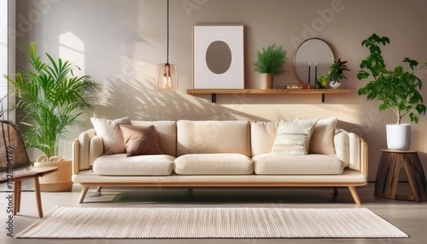 Fototapeta Elegant and comfortable designed beige living room with a big sofa