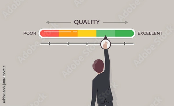 Fototapeta Satisfaction and evaluation concept, businessman is pointing to change quality level indicator scale from poor to excellent
