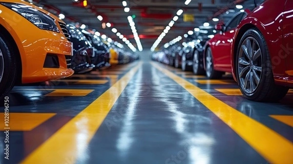 Fototapeta Automotive Industry, Cars Dealership Parking Lot. In the new car service, rows of brand-new cars await their new owners on the epoxy floor.