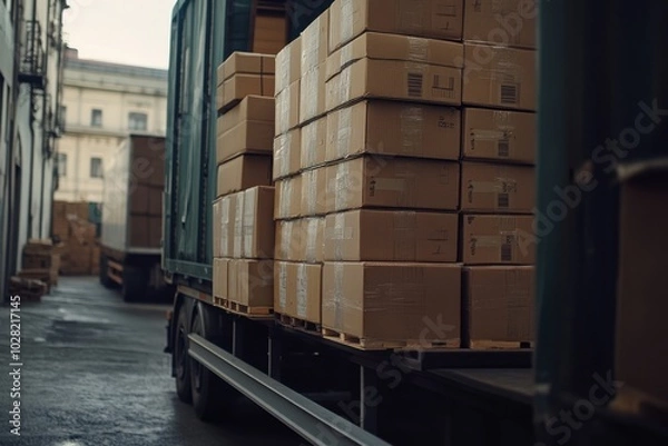 Fototapeta Stacks of cardboard boxes on truck trailer in loading area, showcasing organized logistics and transportation. scene conveys sense of efficiency and readiness for shipment