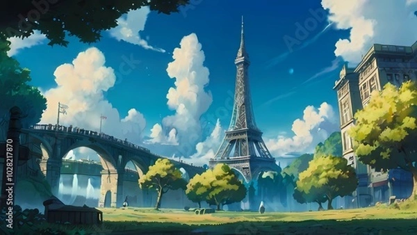 Fototapeta ゲーム背景　パリのエッフェル塔イメージした塔が見える公園風景
