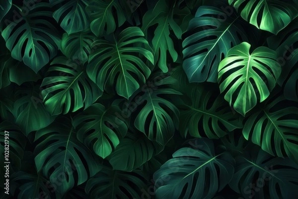 Fototapeta Lush tropical monstera leaves create vibrant and rich green background, perfect for adding touch of nature to any design. interplay of light and shadow enhances depth and texture of foliage