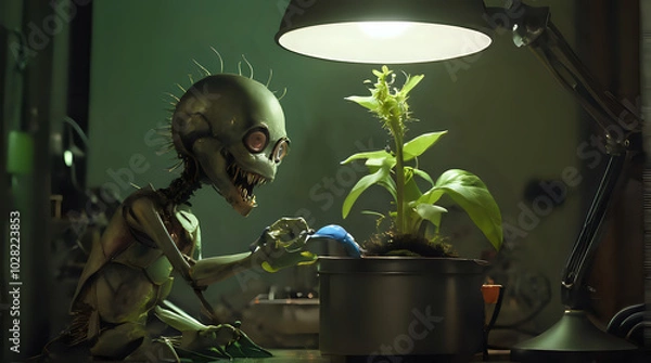 Fototapeta a small alien plant with a light on and a lamp on