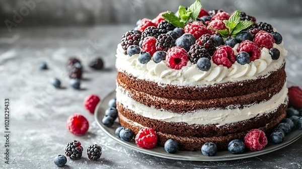 Fototapeta Chocolate cake with whipped cream and fresh berries Grey stone background : Generative AI