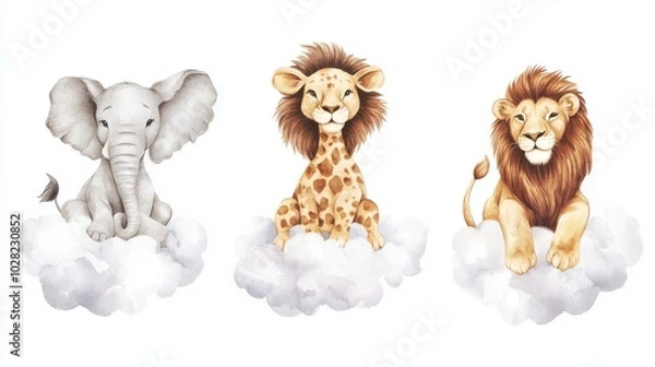 Fototapeta Cute Animal Illustrations on Clouds