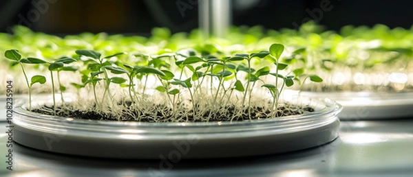 Fototapeta A close-up shot of small green sprouts growing in a tray with roots visible, illuminated by a bright light source.