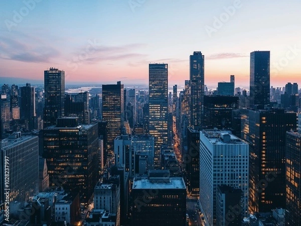 Fototapeta City skyline at dusk with tall skyscrapers and glowing lights, set against a soft pastel sky, creating a vibrant urban landscape transitioning from day to night in a bustling metropolitan area.