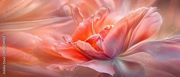 Fototapeta Close-up of a pink tulip flower with soft, flowing petals and a delicate, light pink and white color scheme.