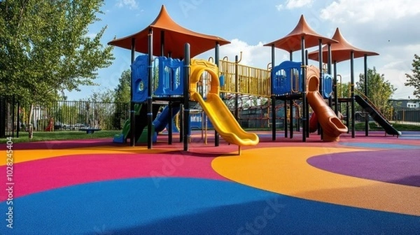 Fototapeta A playground with rubber flooring, offering a soft and safe surface for kids to play, with vibrant colors and cushioning to prevent injuries from falls