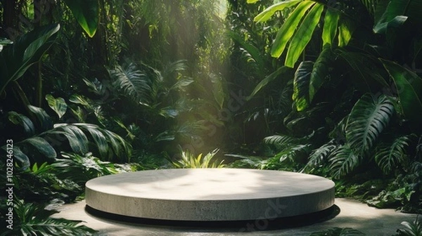 Fototapeta 2408 74.A natural product display setting featuring a concrete podium on the forest floor, surrounded by tropical greenery. The background is slightly blurred, with large leaves and lush foliage