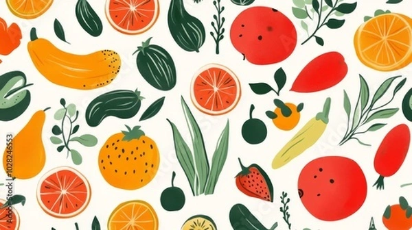 Fototapeta A Colorful Pattern of Fresh Fruits, Vegetables, and Green Foliage
