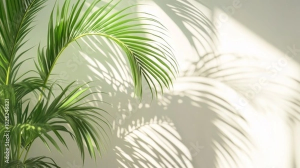 Fototapeta Palm Leaf Casts Shadow on White Wall
