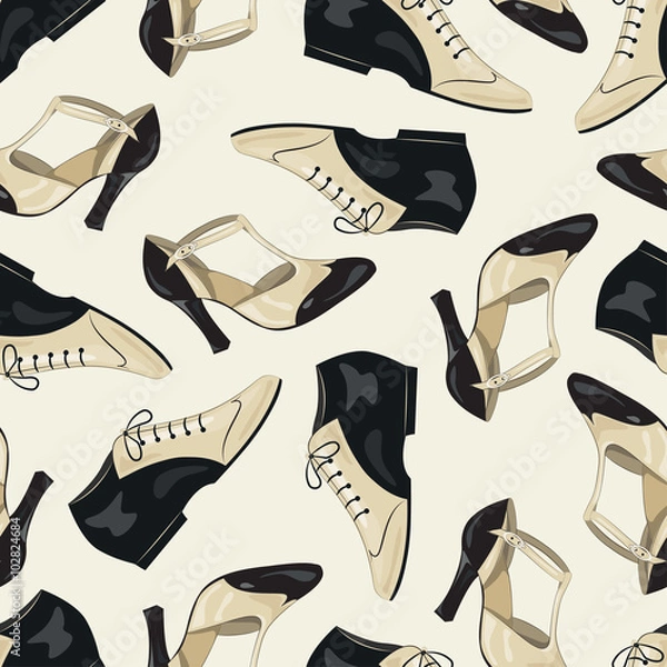 Fototapeta Seamless pattern of elegant women's and man's shoes. Vector
