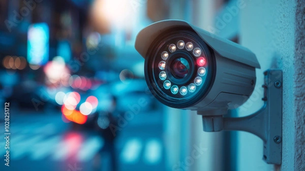 Fototapeta A close-up of a security camera mounted on a building, set against a blurred urban background, emphasizing surveillance technology in a city environment.