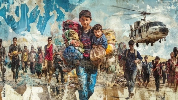 Fototapeta A visual representation of the refugee crisis, showing displaced families in transit, carrying belongings across borders, with scenes of overcrowded camps and migration routes