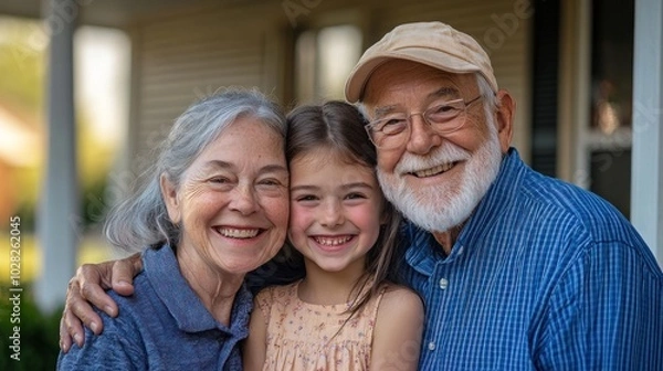 Fototapeta Grandparents smile and hug granddaughter Standing together in front of a suburban house A warm embrace and true happiness. Reflects the love and bond between generations.