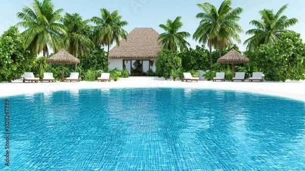 Obraz Tropical Beach Resort with Infinity Pool and Palm Trees