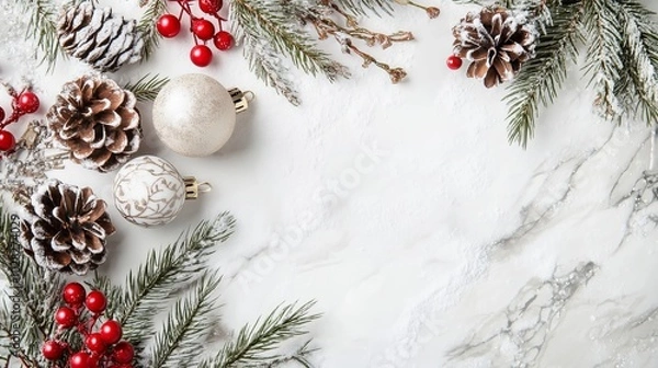Fototapeta Elegant Christmas Decorations with Pinecones and Ornaments on Marble Background