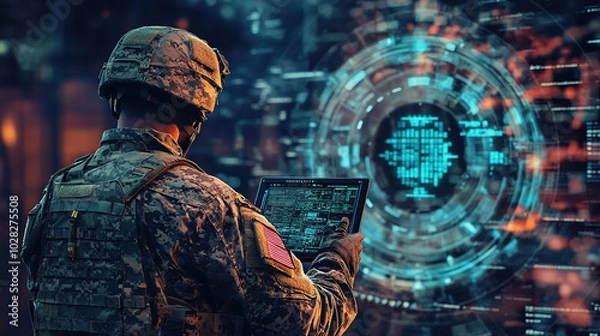 Obraz American soldier examining AI screen in cyberspace