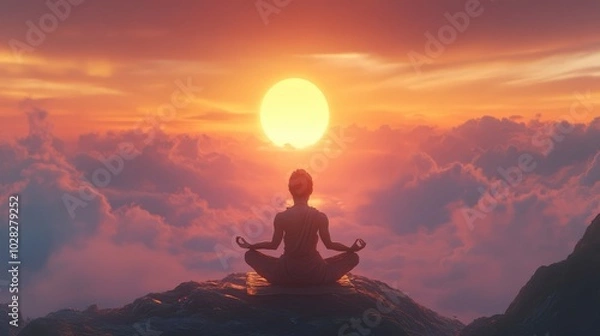 Fototapeta Yogi In Tranquil Setting - A Spiritual Indian Guru Performing Yoga at Sunset
