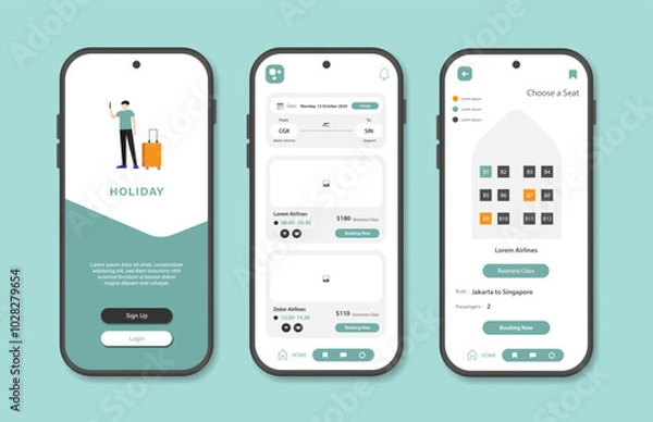 Fototapeta Online airline ticket booking design for mobile application. Airline ticket booking platform screen. Graphical user interface for responsive mobile applications