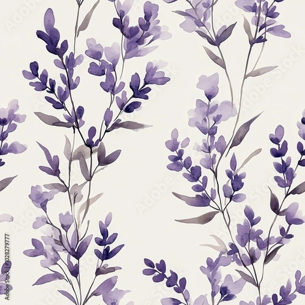 Obraz A seamless watercolor pattern featuring elegant purple lavender branches with soft leaves, creating a delicate and calming floral design.

