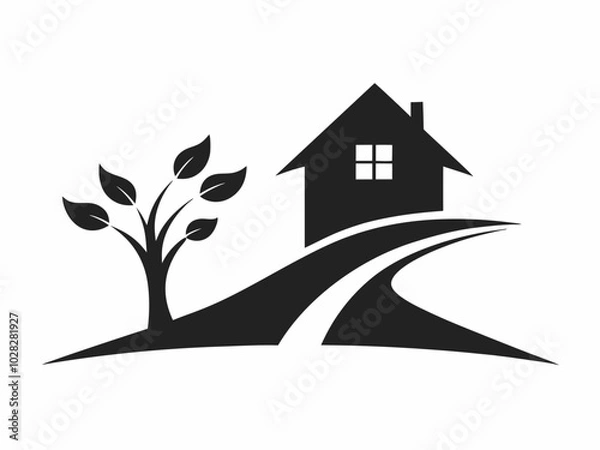 Obraz House Silhouette with Trees  Black and White Illustration.