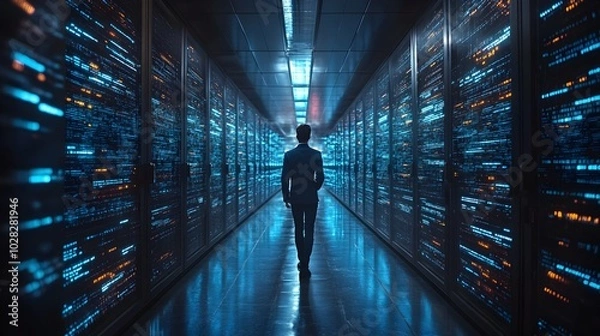 Fototapeta Solitary Silhouette Navigating Futuristic Server Room Hallway Amid Glowing Digital Matrix