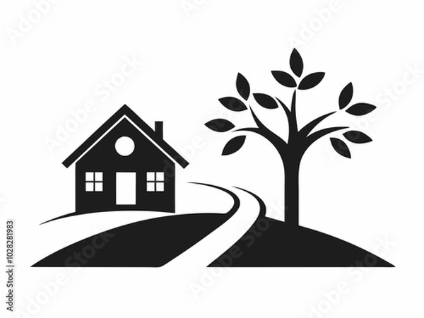 Obraz House Silhouette with Trees  Black and White Illustration.