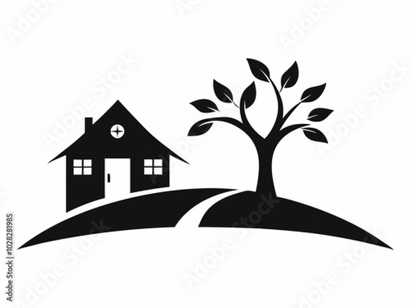 Obraz House Silhouette with Trees  Black and White Illustration.