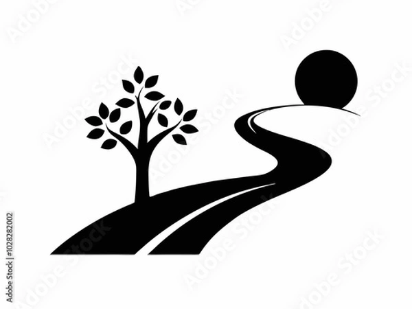 Obraz House Silhouette with Trees  Black and White Illustration.