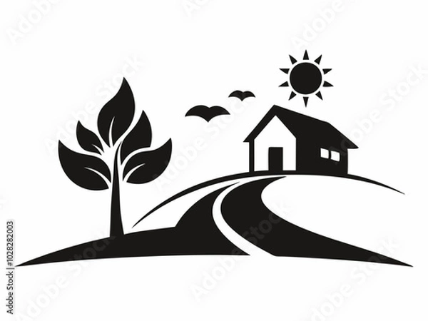 Obraz House Silhouette with Trees  Black and White Illustration.