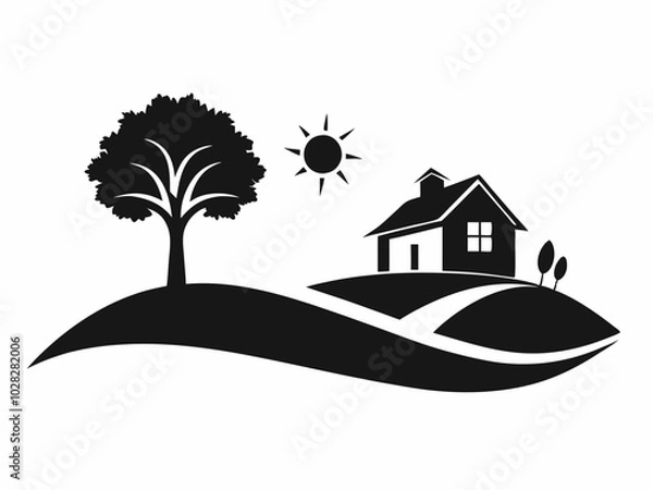 Obraz House Silhouette with Trees  Black and White Illustration.