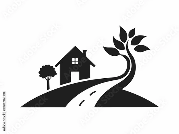 Obraz House Silhouette with Trees  Black and White Illustration.